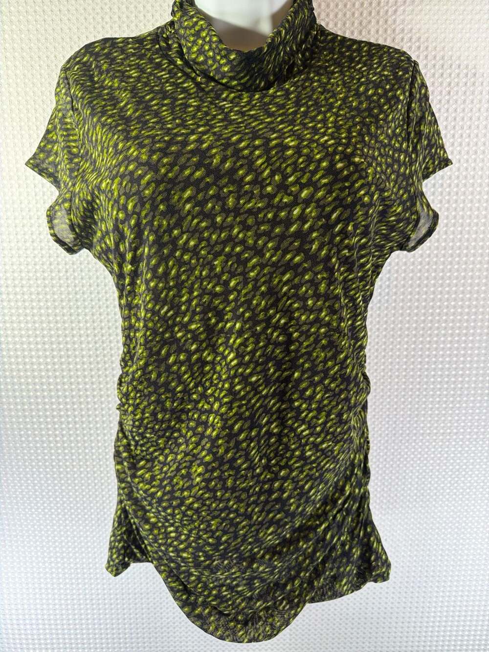 Chaus Green and Black Abstract Animal Print Mesh Mock Neck Ruched Top